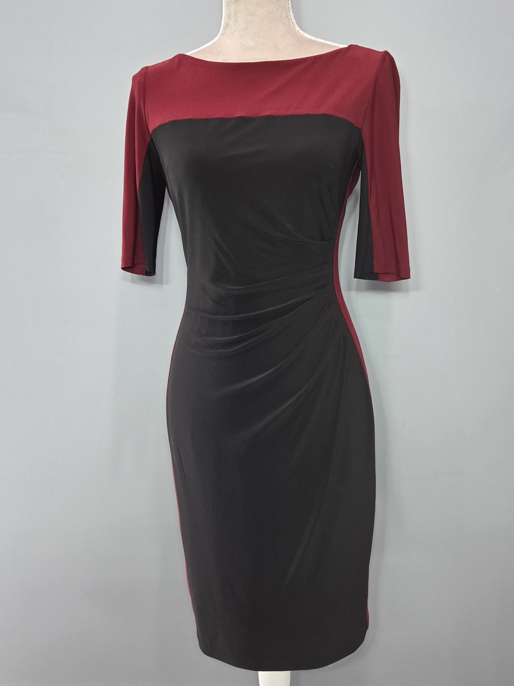 Chaps Black and Burgundy Boatneck Colorblock Midi Dress 3/4 Sleeve Small